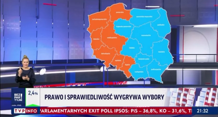 Zdjęcie mapy Polski z preferencjami wyborczymi/ zrzut ekranu z TVP Info