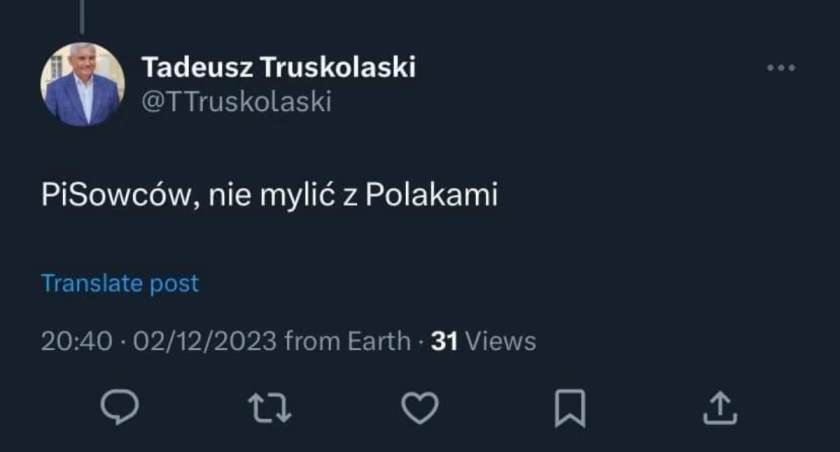 Zdjęcie zrzut ekranu z wpisy Tadeusza Truskolaskiego na Twitterze