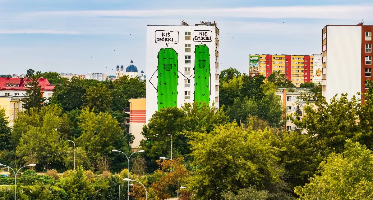 Gigantyczne ogórki na ścianie białostockiego akademika
