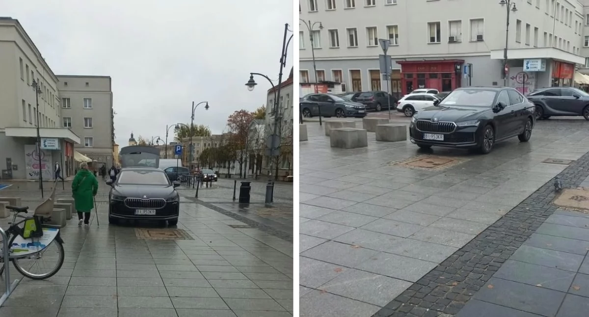 Służbowa Škoda centralnie na chodniku. Radny Białegostoku pyta o auto magistratu