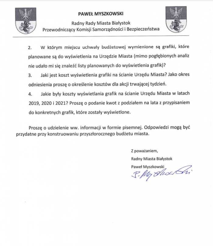 Zdjęcie z treścią interpelacji radnego Pawła Myszkowskiego